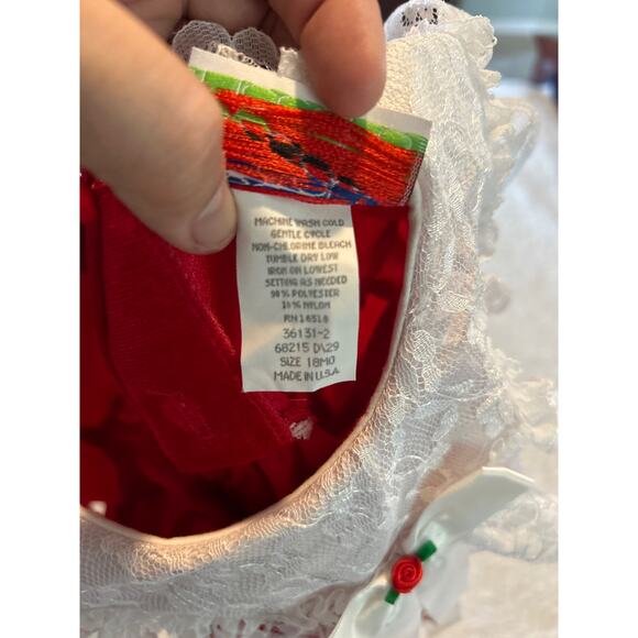 Piccolo Vintage Dress 18 Mos Red Velvet Lace Collar USA Bow Christmas Holiday - Picture 6 of 8